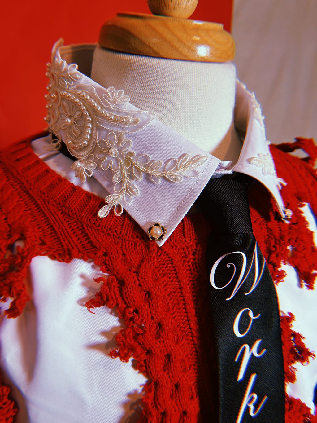 Red Cable Knit Ripped Sweater Set + Shirt + Tie