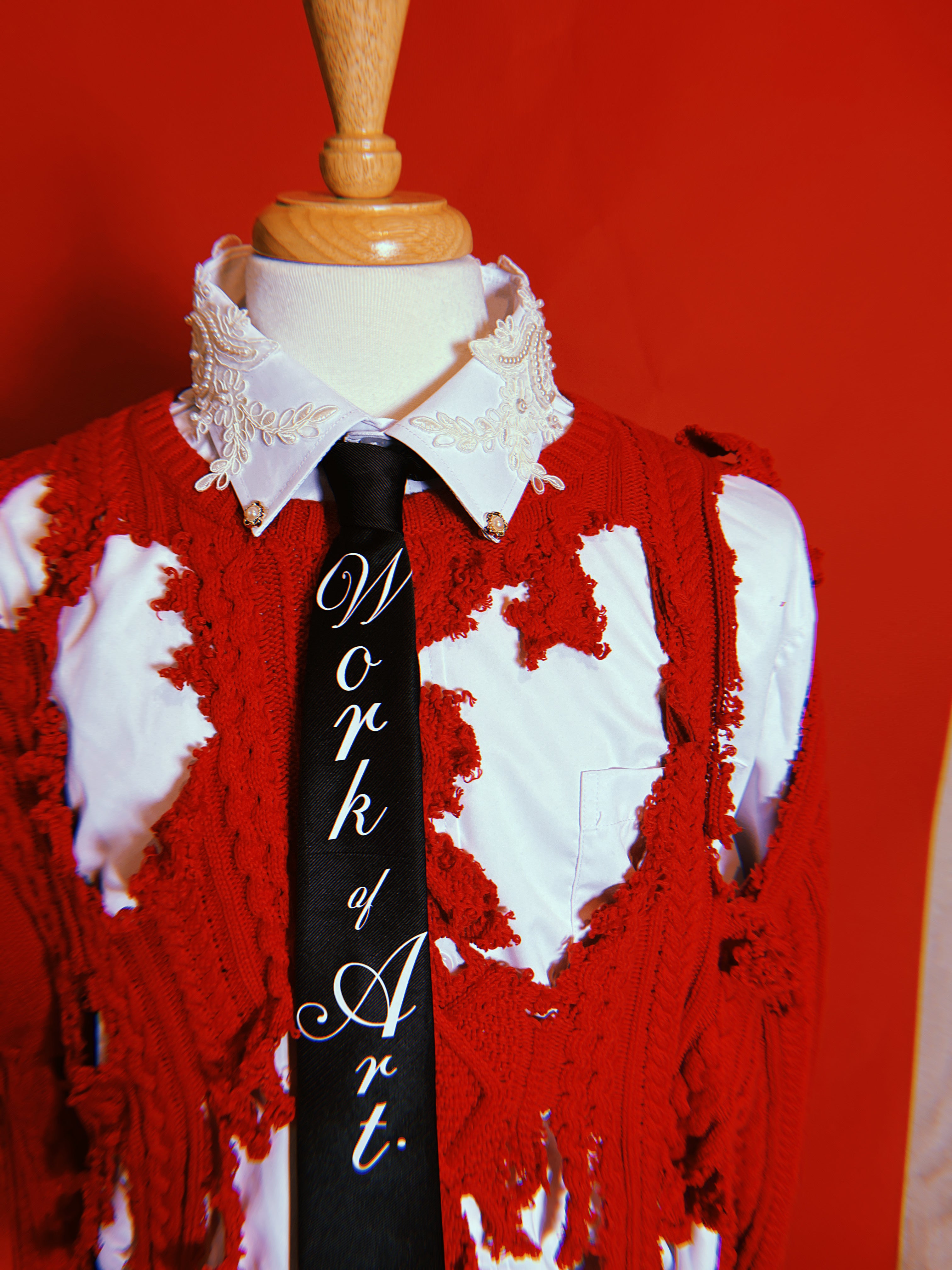 Red Cable Knit Ripped Sweater Set + Shirt + Tie