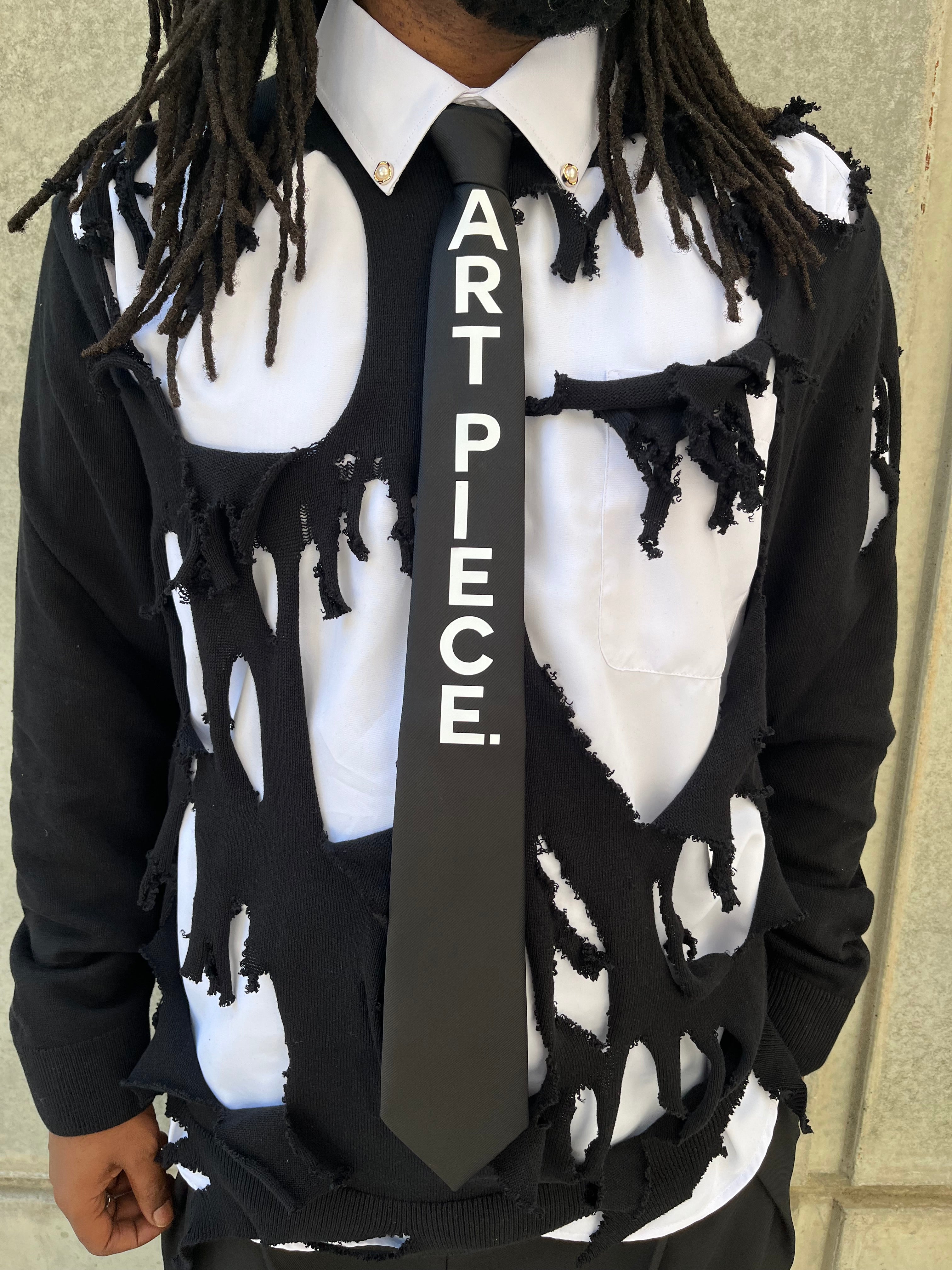 3 Piece Set: Ripped Sweater + Shirt + Tie