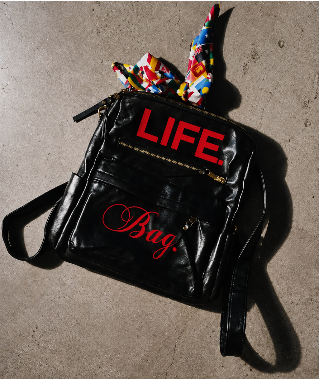 Black & Red Leather Backpack + Free Art Bag