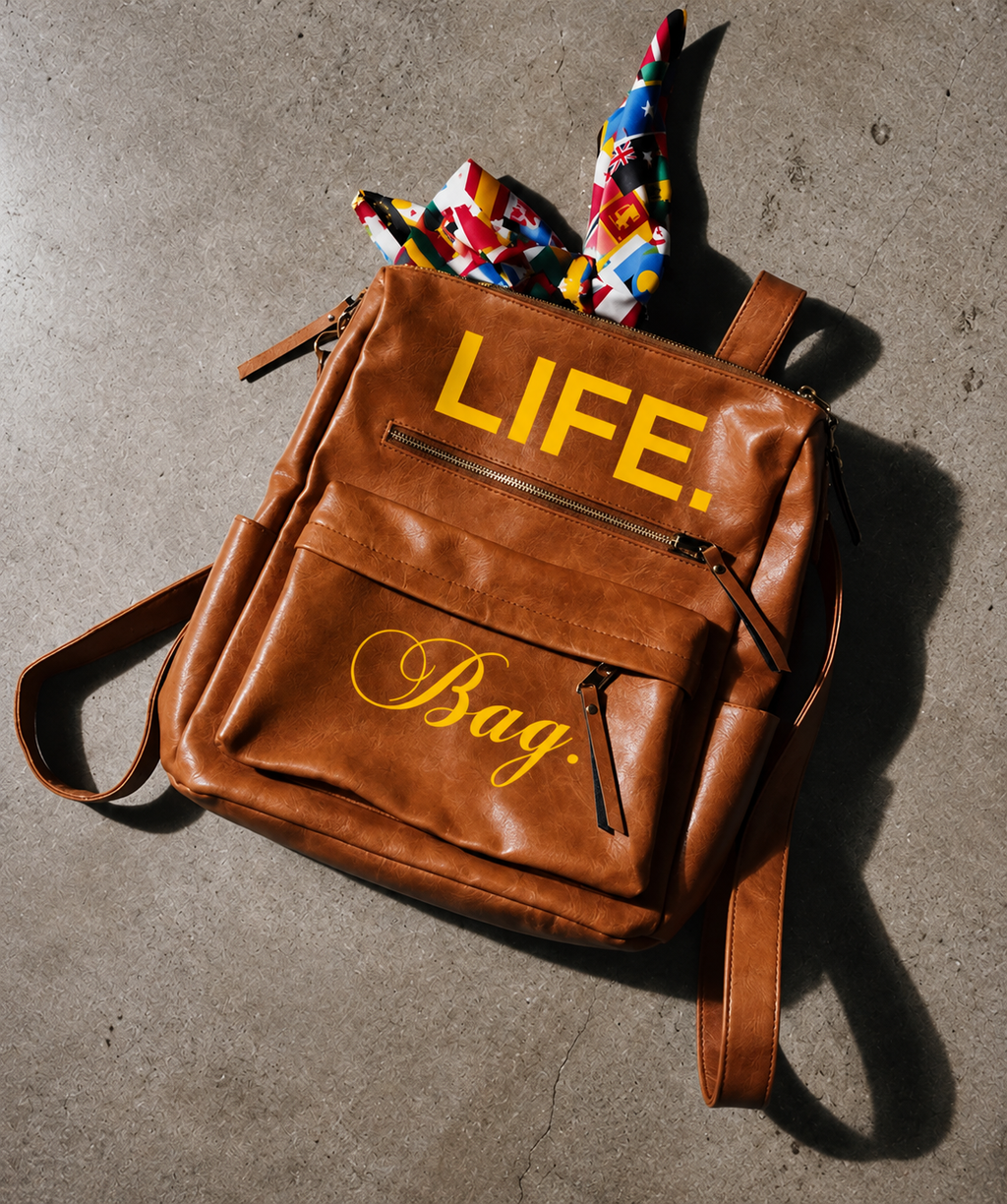 Tan & Yellow Leather Backpack + Free Art Bag