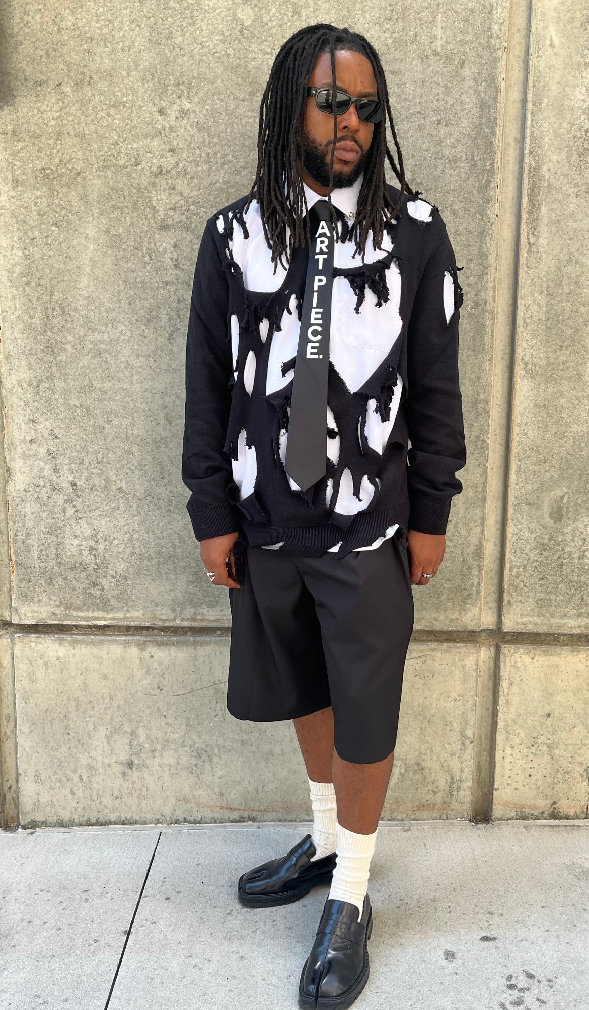 3 Piece Set: Ripped Sweater + Shirt + Tie