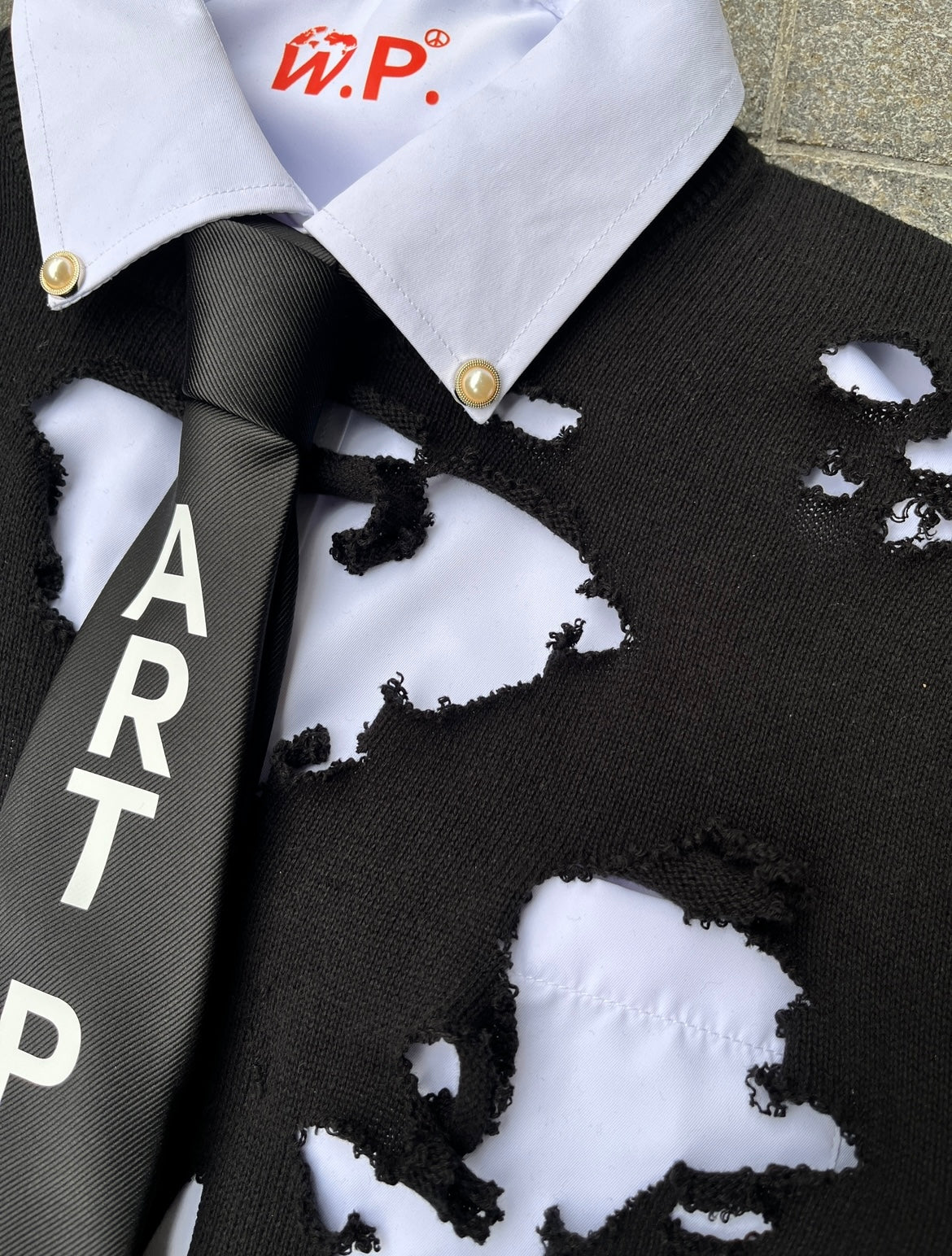 3 Piece Set: Ripped Sweater + Shirt + Tie
