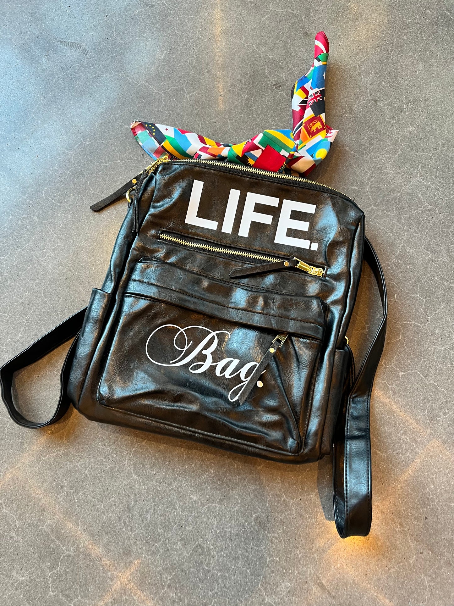 Black Leather Backpack + FREE Art Bag & World Flag Bandana
