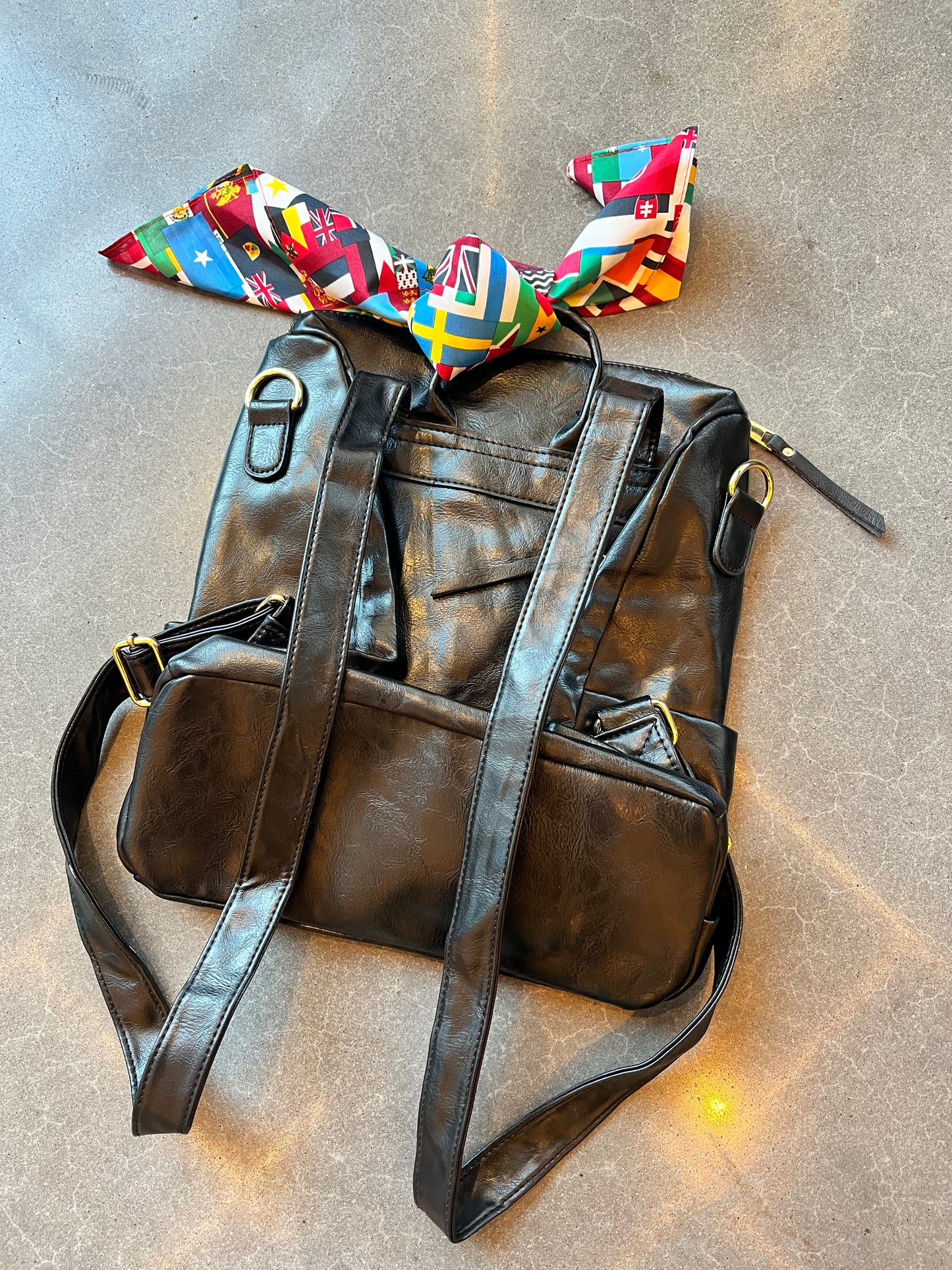 Black Leather Backpack + FREE Art Bag & World Flag Bandana