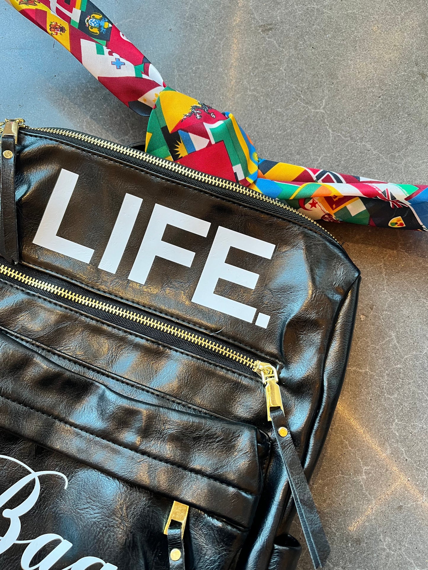Black Leather Backpack + FREE Art Bag & World Flag Bandana