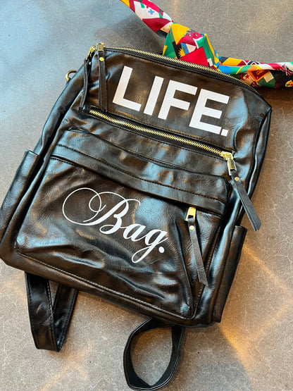 Black Leather Backpack + FREE Art Bag & World Flag Bandana