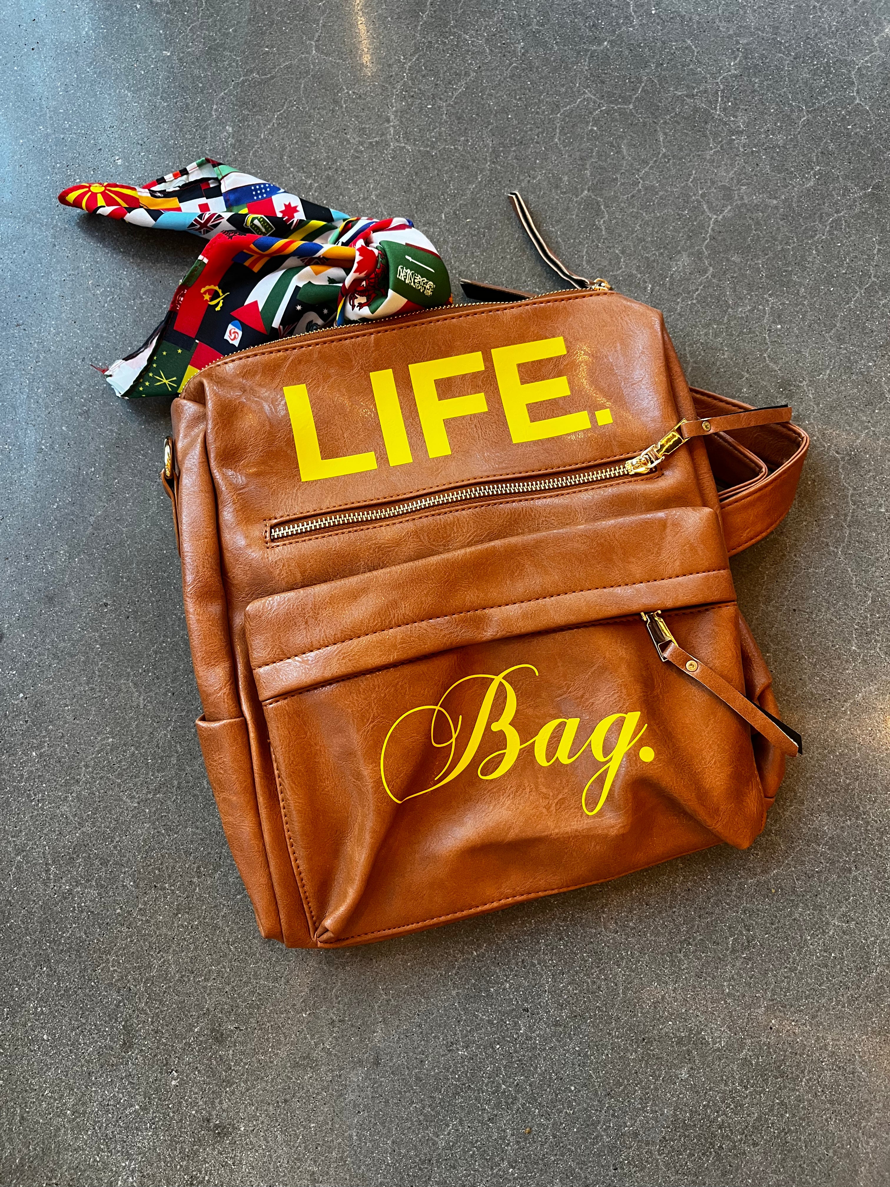 Tan & Yellow Leather Backpack + Free Art Bag