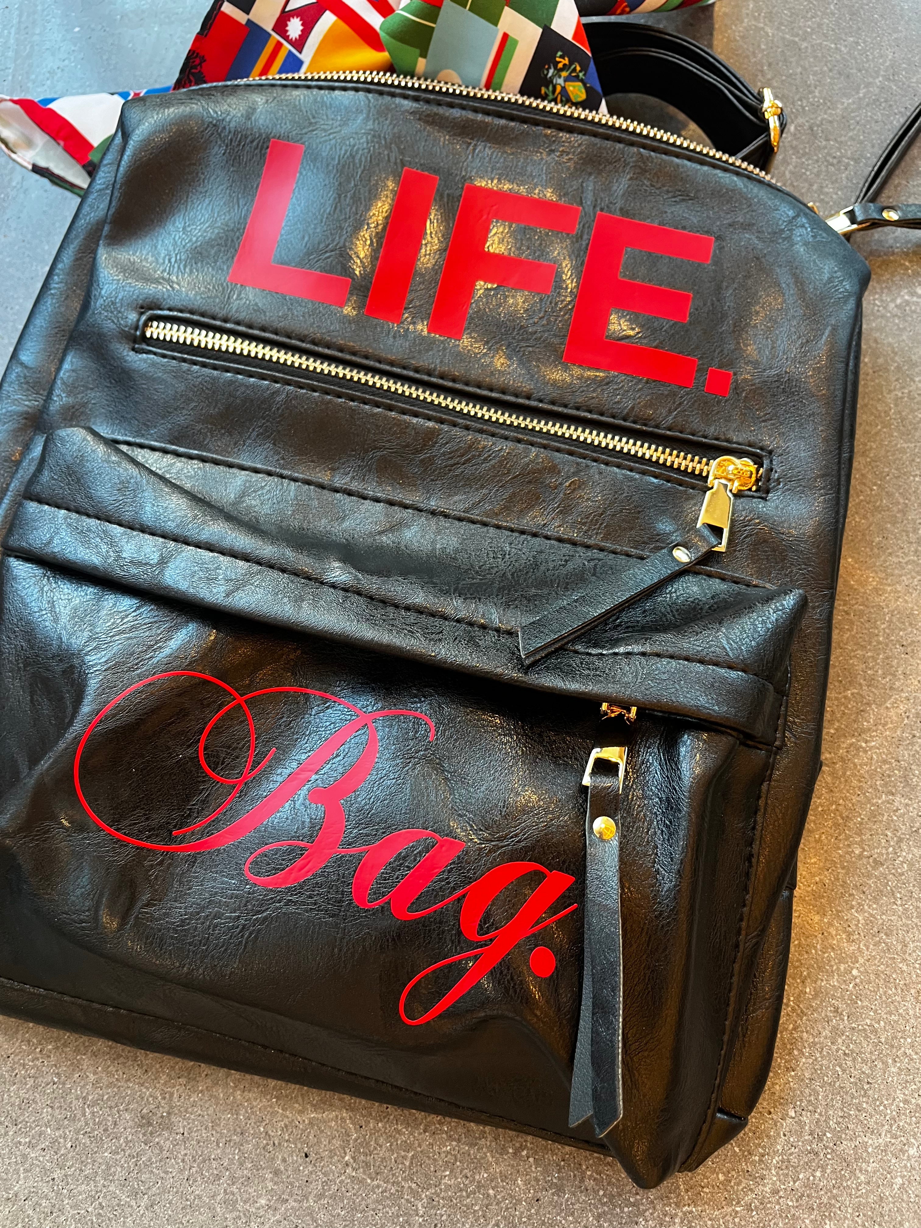 Black & Red Leather Backpack + Free Art Bag