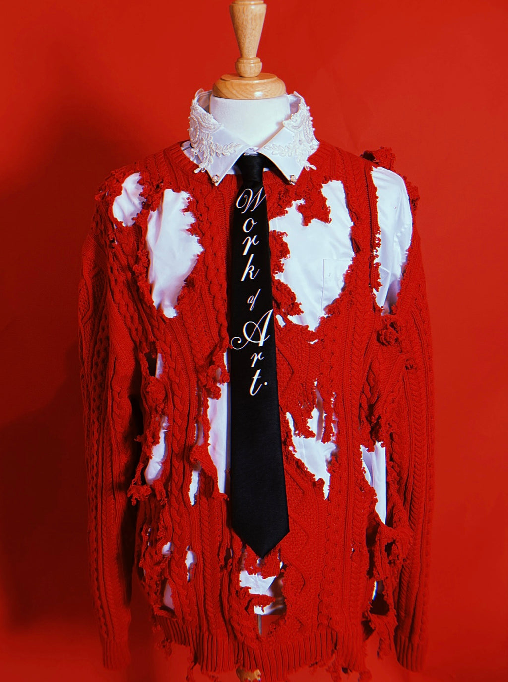 Red Cable Knit Ripped Sweater Set + Shirt + Tie