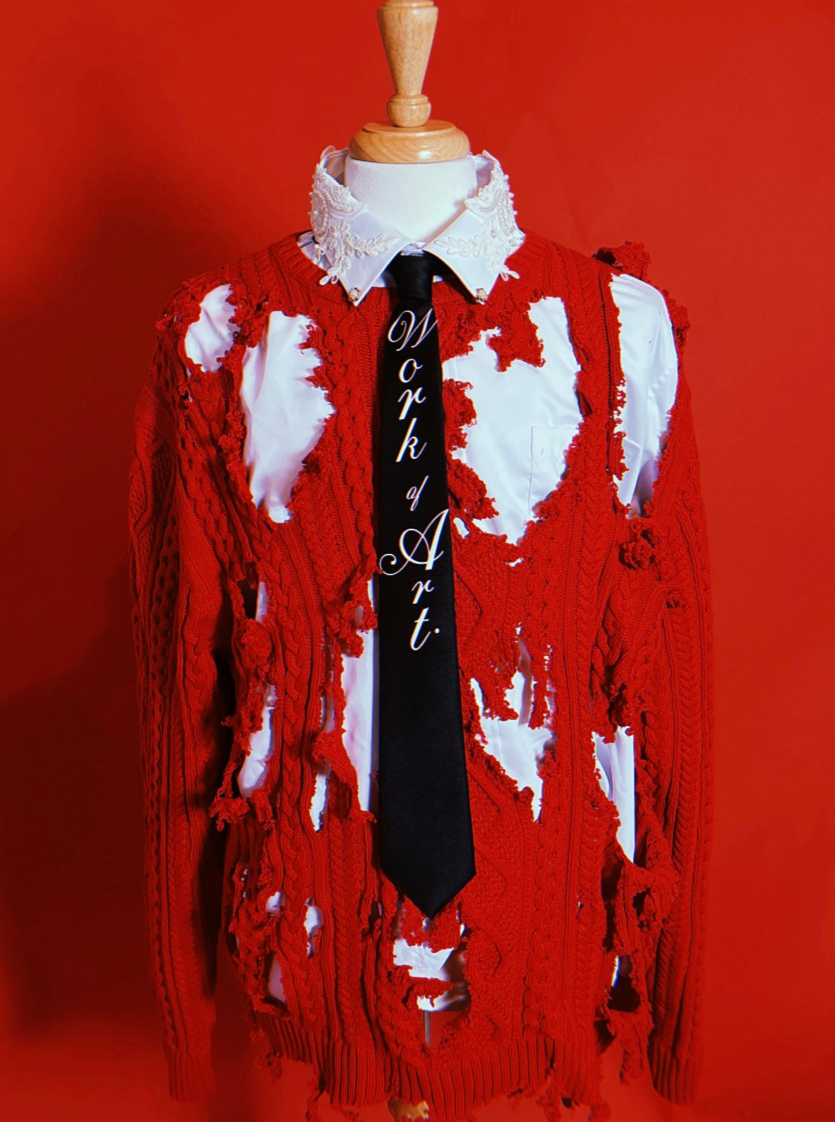 Red Cable Knit Ripped Sweater Set + Shirt + Tie