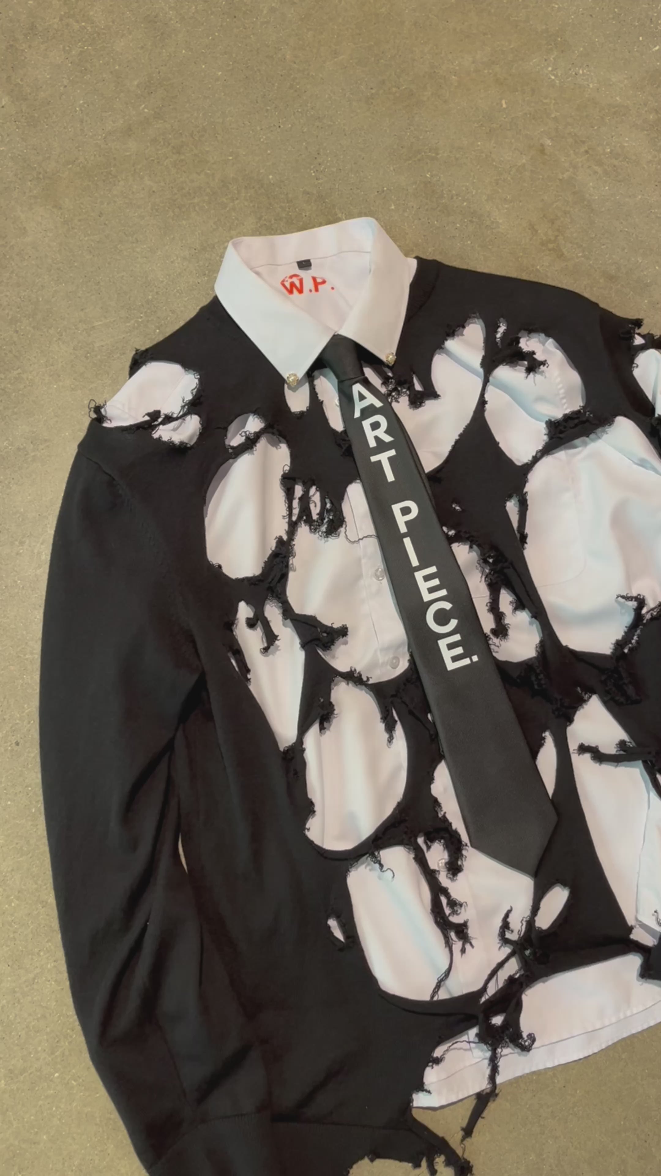 3 Piece Set: Ripped Sweater + Shirt + Tie
